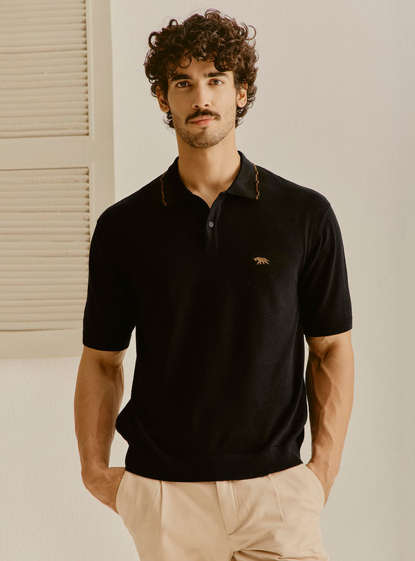 Kas Black Cotton Knit Polo