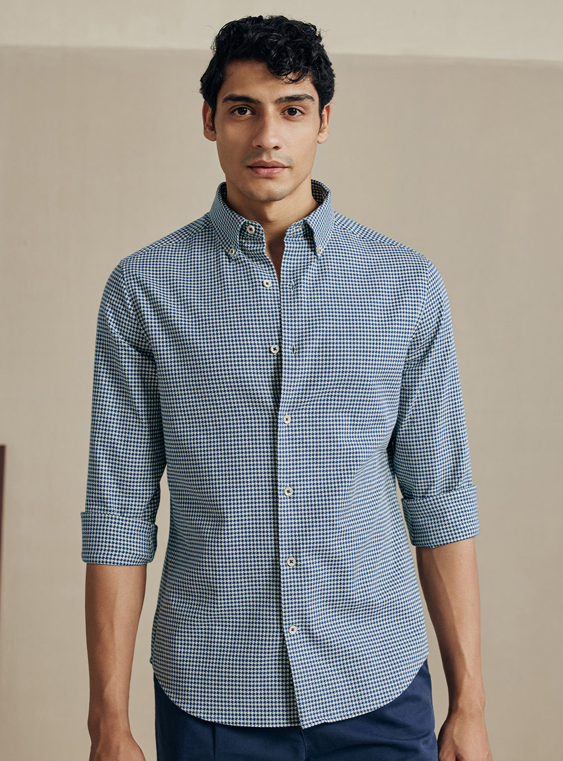 Deep Blue Houndstooth Dobby Cotton Shirt