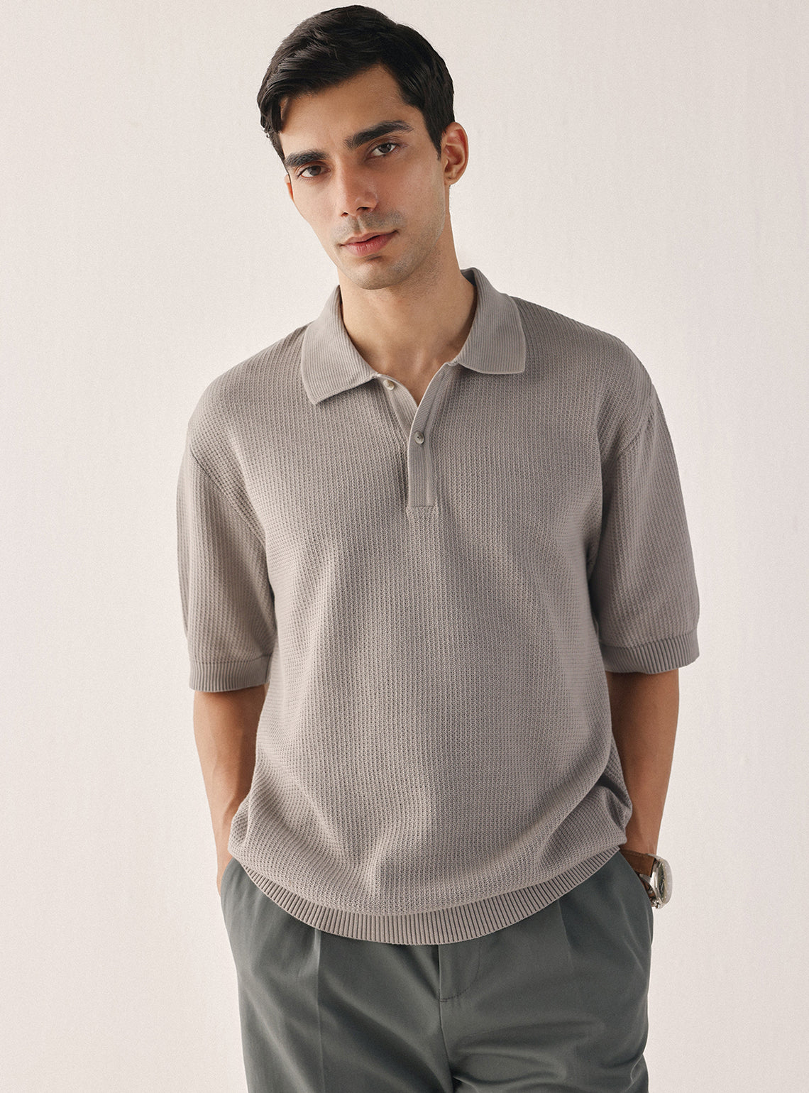 Nomad Grey Cotton Textured Polo