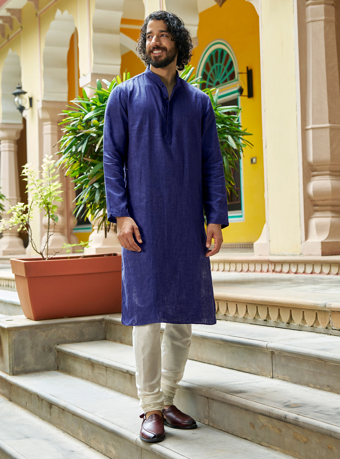 Neel Navy Linen Kurta