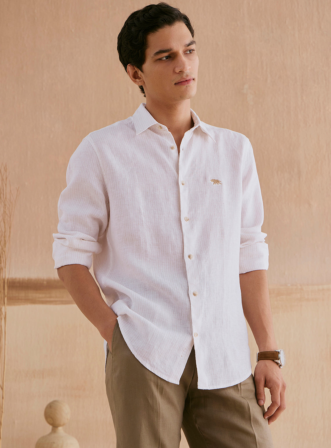 Snow Beige Stripe Linen Shirt