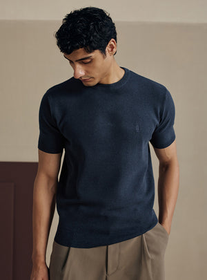 Marine Navy Moss Knit Cotton Crewneck