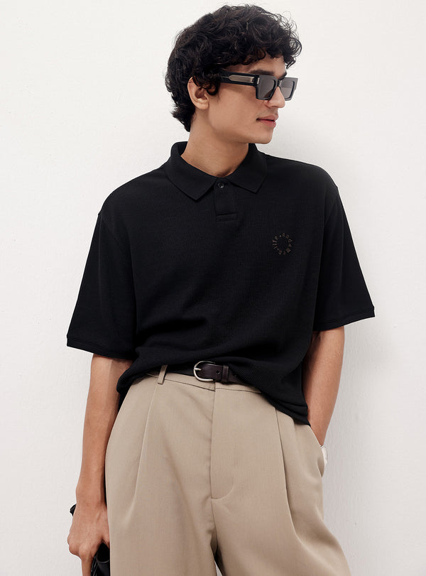 Bunker Black Cotton Blend Waffle Knit Polo