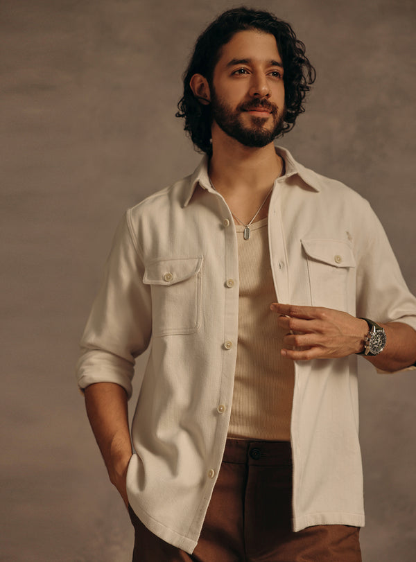 Napa Beige Cotton Herringbone Overshirt