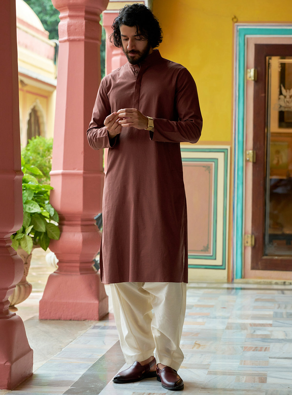 Nashik Rust Cotton Blend Melange Kurta