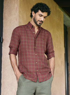 Plum Burgundy European Linen Check Shirt