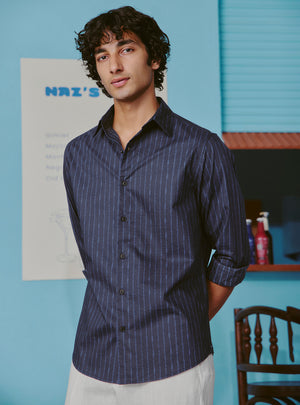 Stormy Blue Cotton Tencel Print Shirt