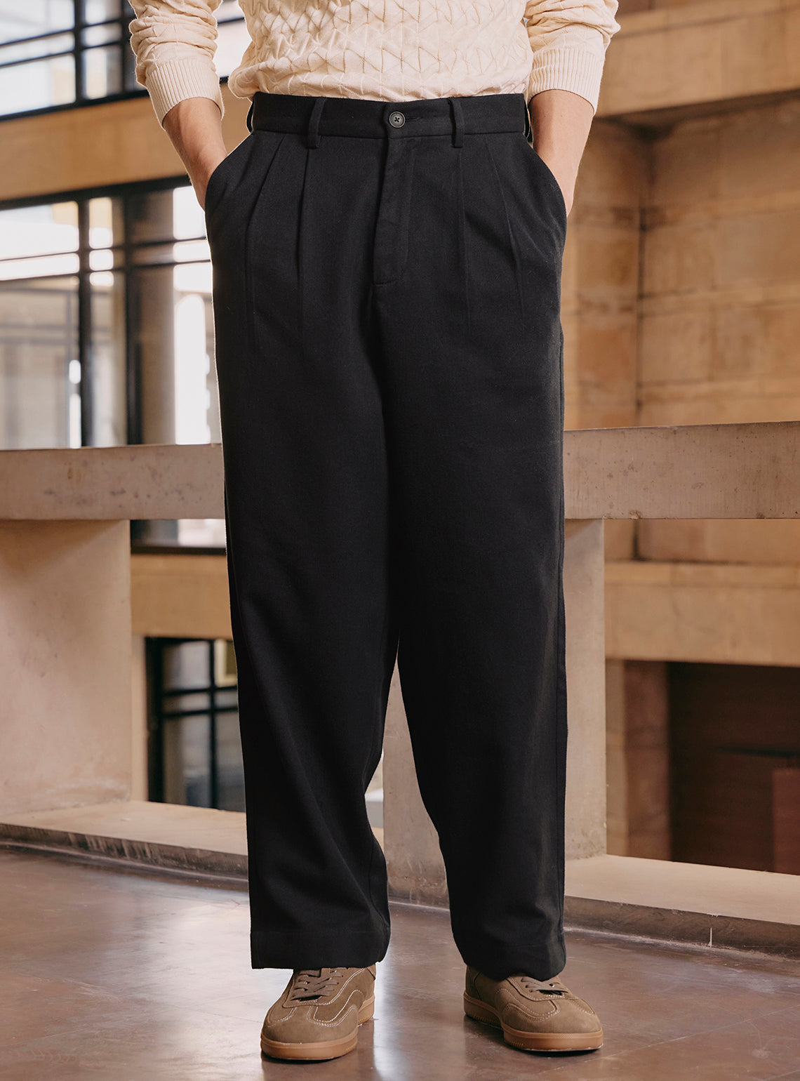 Onyx Black Cotton Pleated Trousers