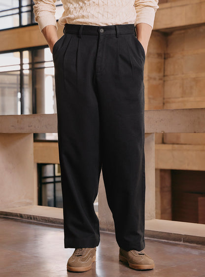 Onyx Black Cotton Pleated Trousers
