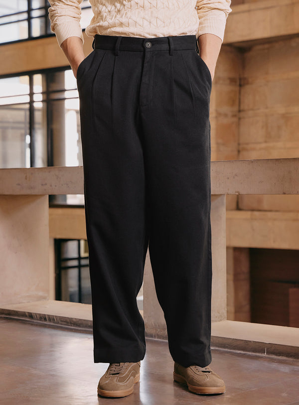 Onyx Black Cotton Pleated Trousers