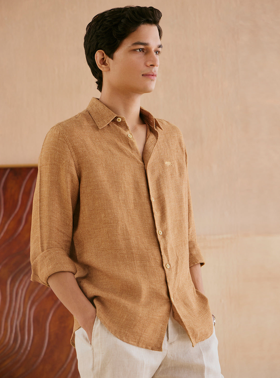 Buy Copper Brown Linen Shirt | Casual Brown Grindle Shirt Neck for Men Online | Andamen Buy Copper Brown Linen Shirt | Casual Brown Grindle Shirt Neck for Men Online | Andamen