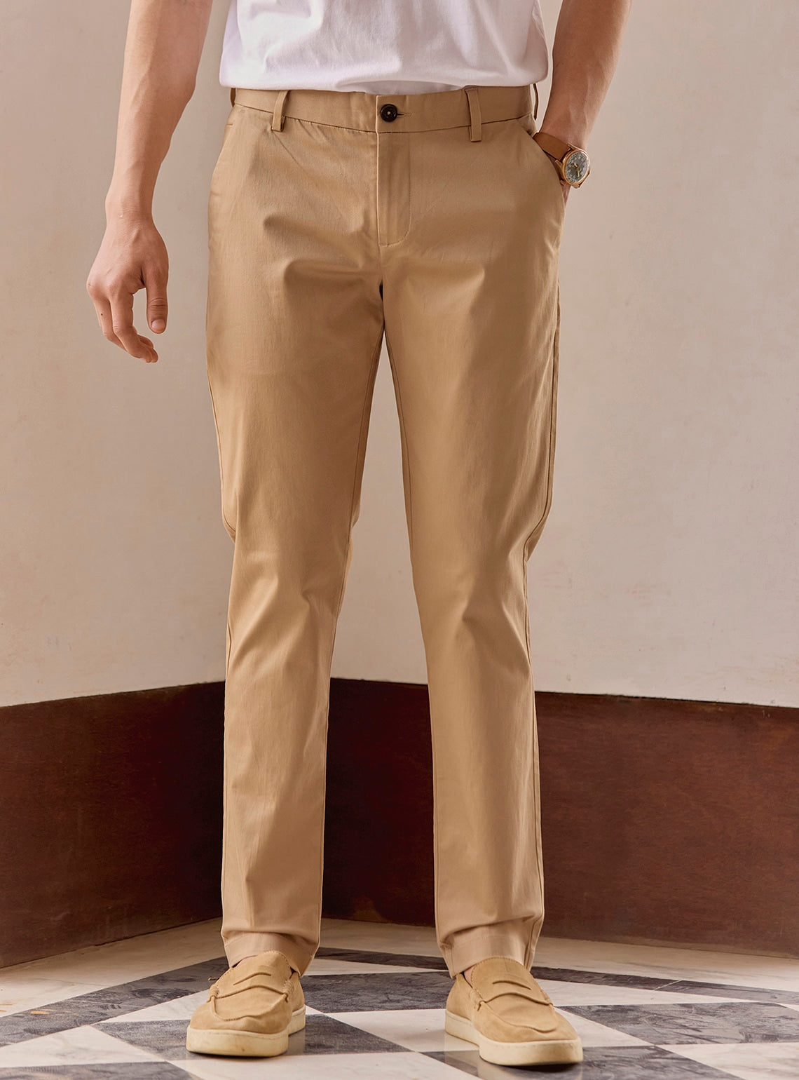 French Khaki Cotton Blend Chinos