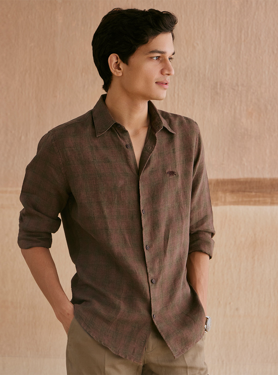 Roman Brown European Linen Check Shirt