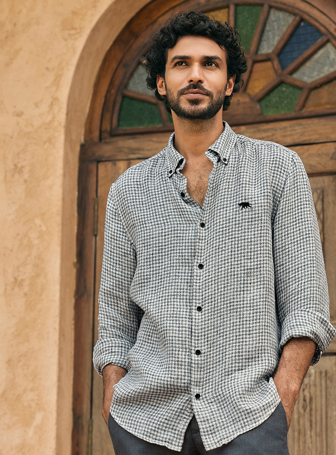 Flint Khaki European Linen Check Shirt