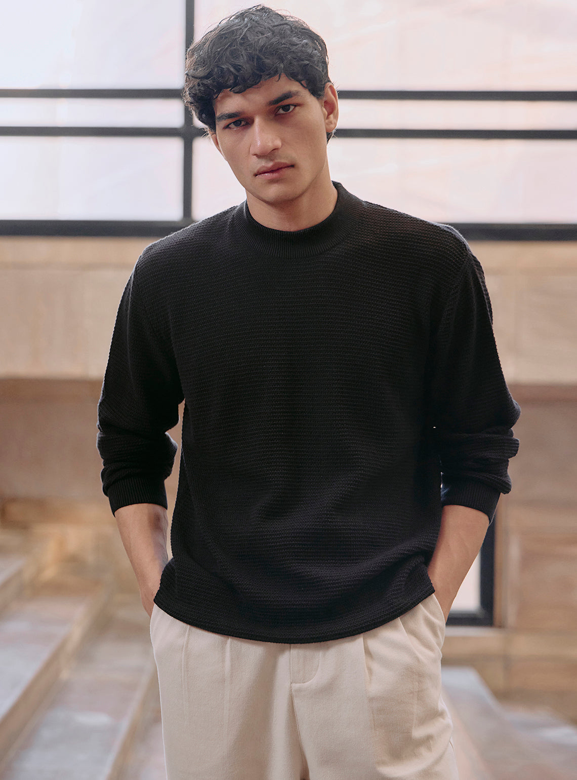 Onyx Black Cotton Wool Pullover