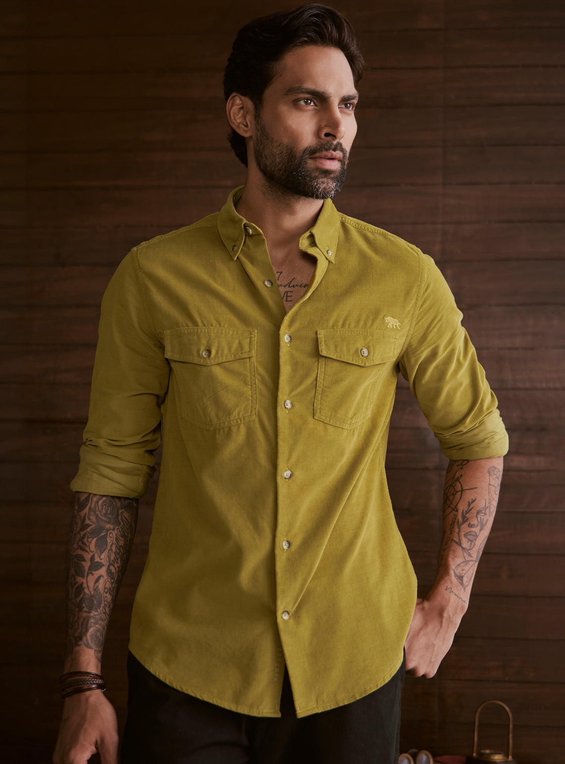 Forest Olive Cotton Tencel Cordruoy Shirt