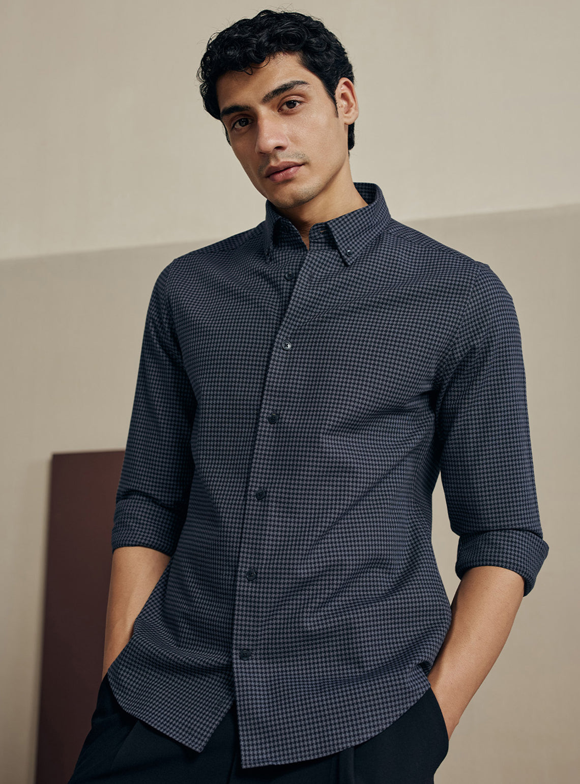 Ink Black Houndstooth Dobby Cotton Shirt