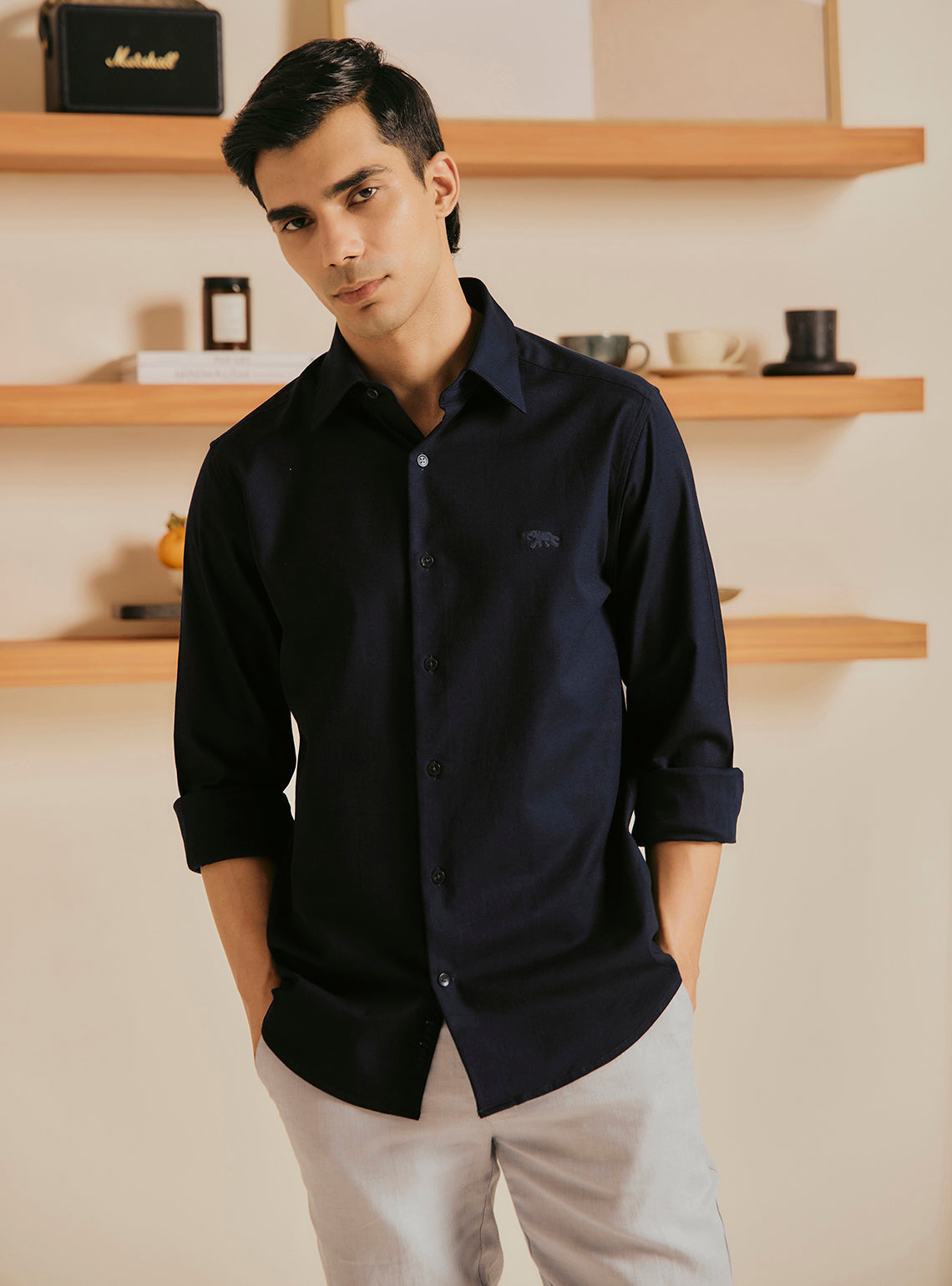 Midnight Navy Cotton Stretch Dobby Shirt