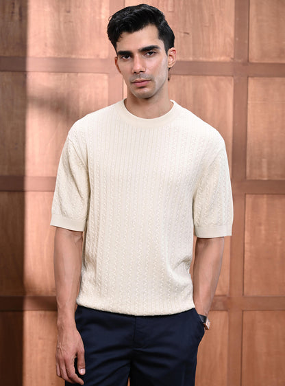 Swiss White Cotton Cable Knit Crew