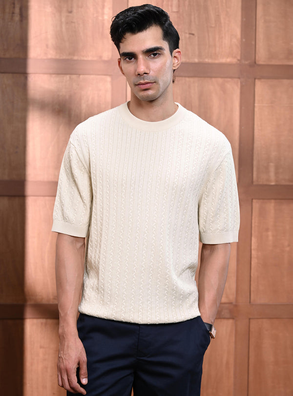 Swiss White Cotton Cable Knit Crew