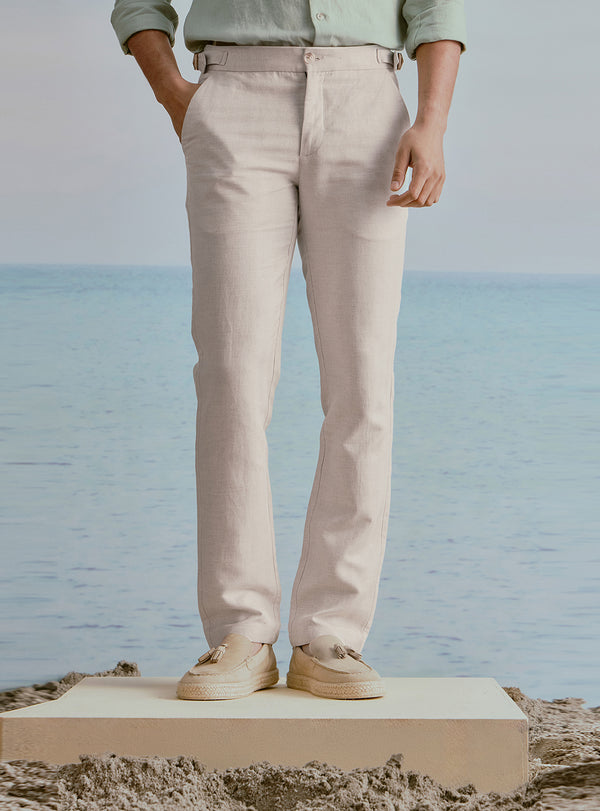 Dune Beige Linen Herringbone Trousers