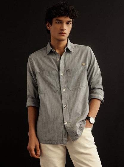 Merlin Green Cotton Melange Overshirt