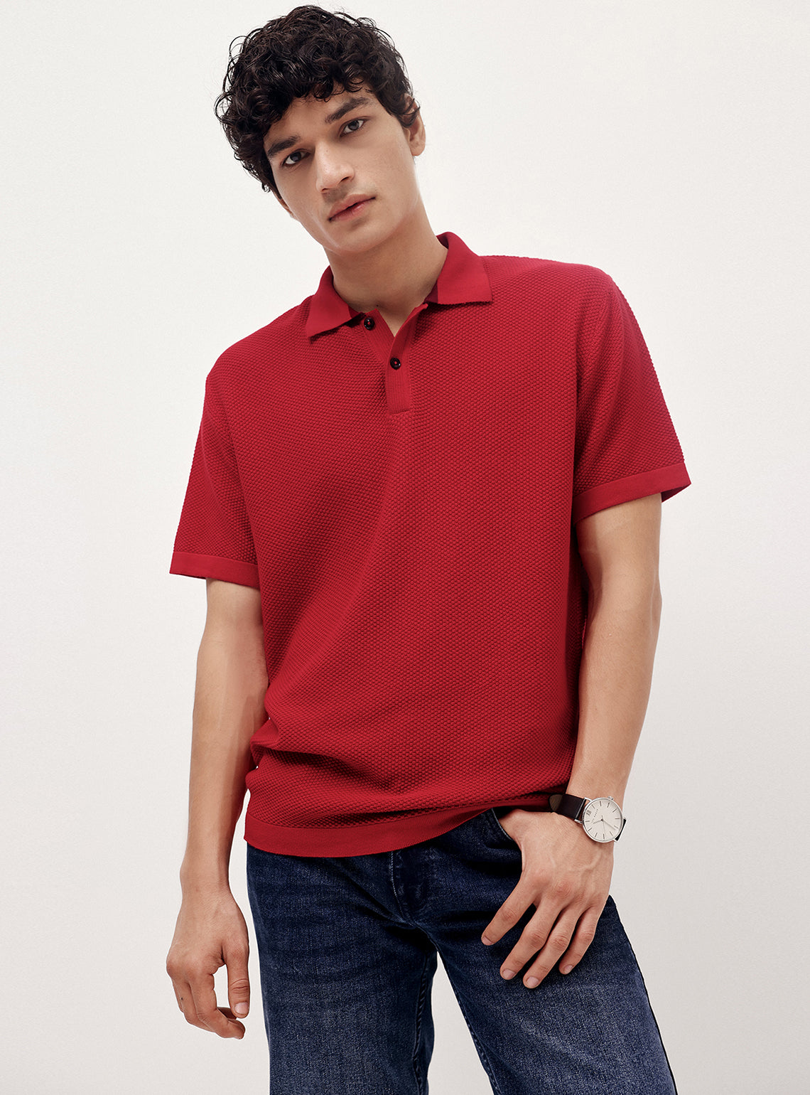 Cinnebar Red Cotton Moss Knit Polo
