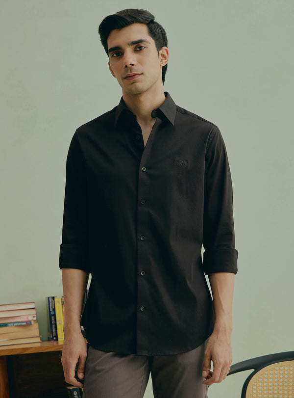 Balsamic Black Cotton Stretch Satin Shirt
