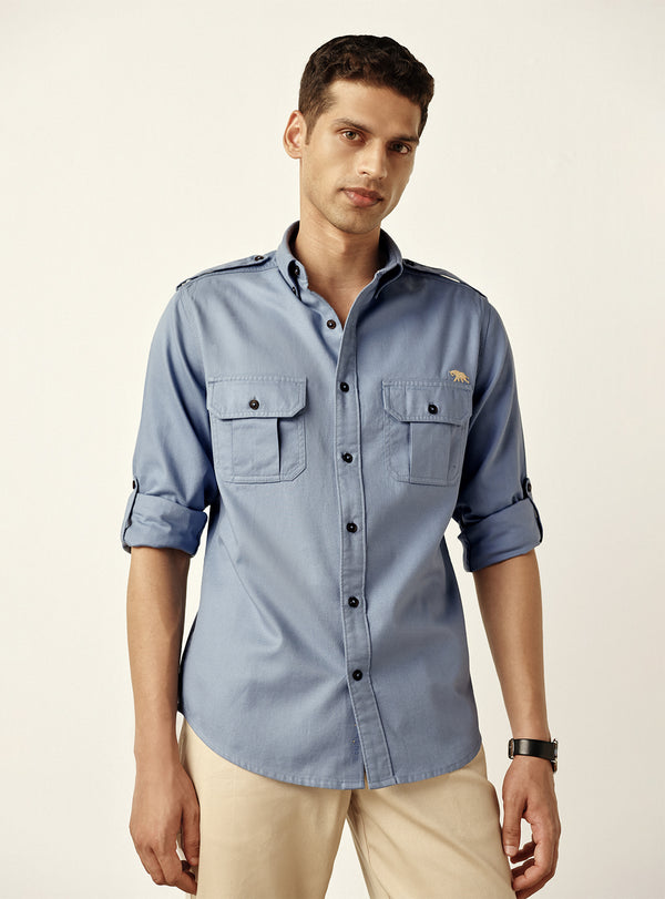Deep Blue Cotton Twill Utility Shirt