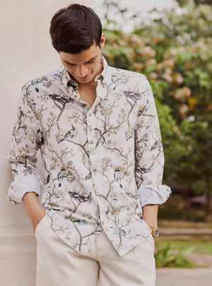 White Flock Cotton Linen Print Shirt