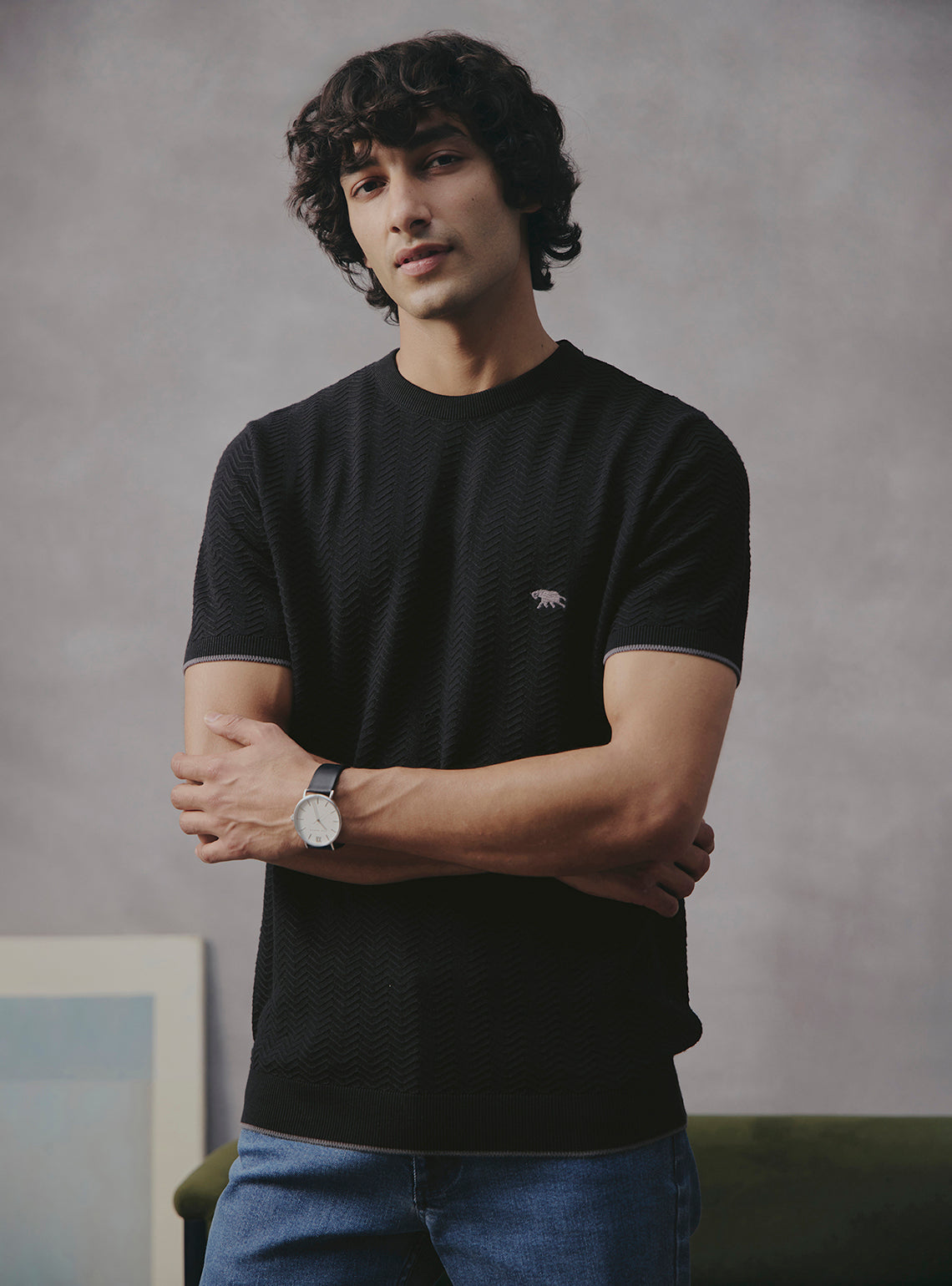 Sesame Black Cotton Crewneck