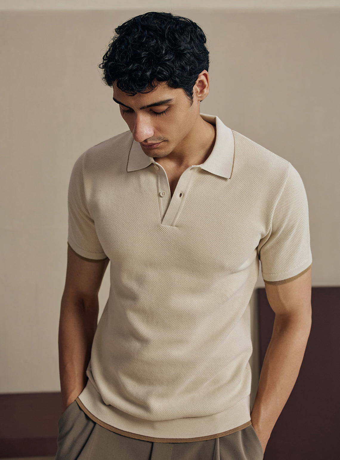 Chalky Off White Moss Knit Cotton Polo
