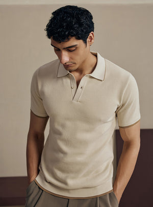 Chalky Off White Moss Knit Cotton Polo