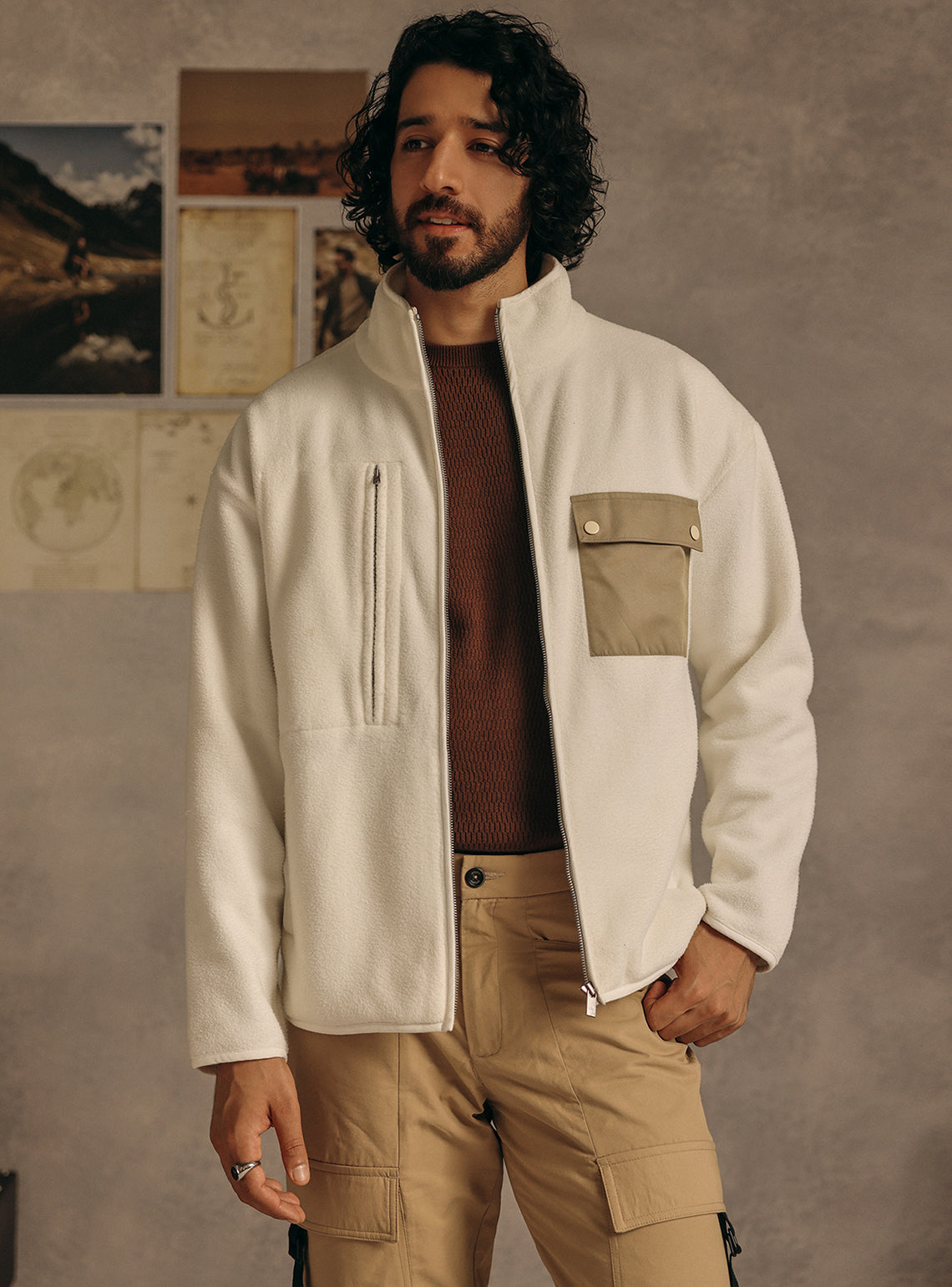 Bison White Cotton Fleece Jacket