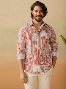 Coral Stripe Cotton Poplin Print Shirt