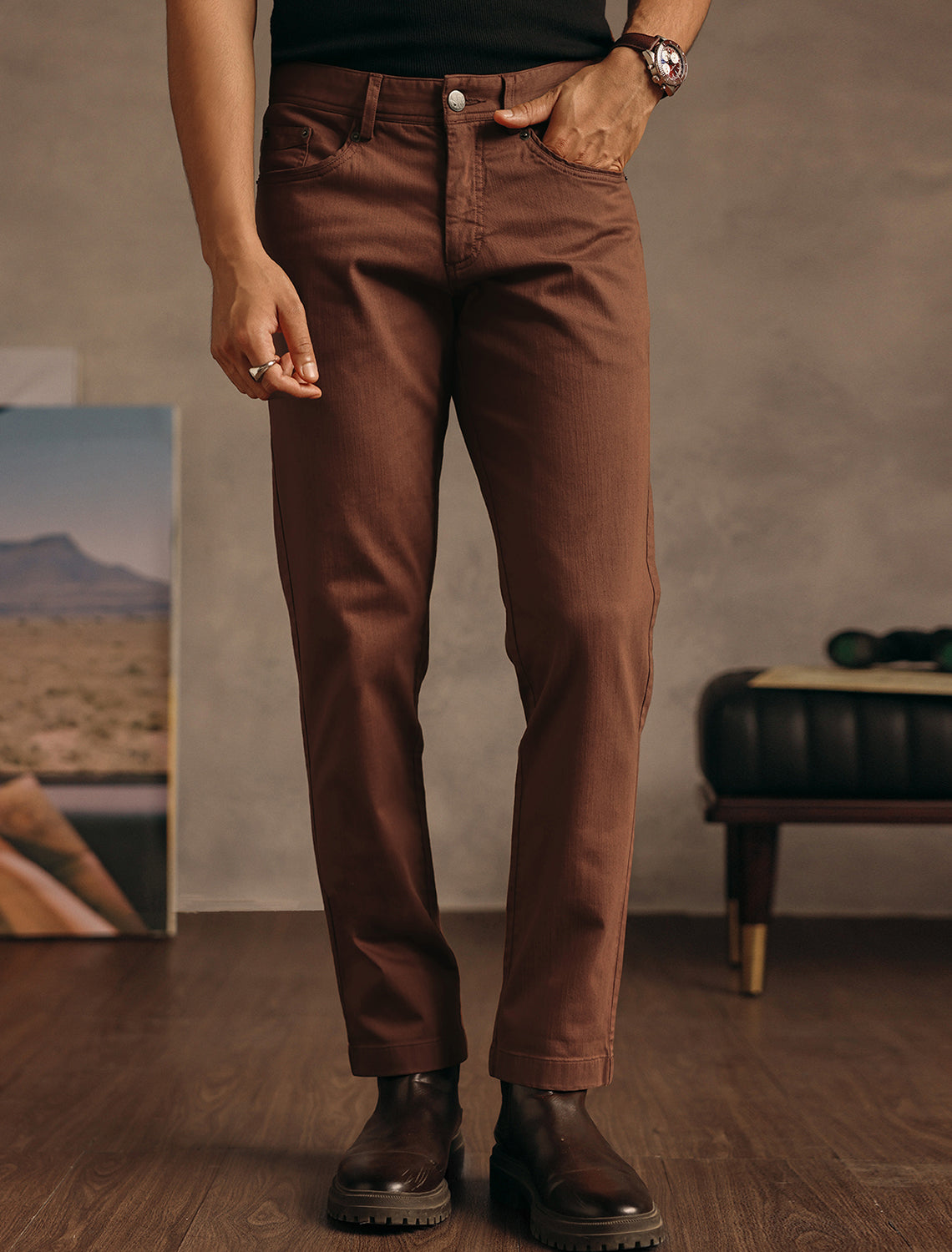 Saddle Brown Cotton Blend Overdye Denim Chinos