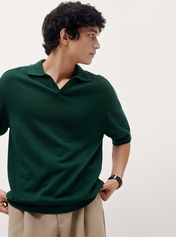 Nordic Green Cotton Micro Cable Knit Polo