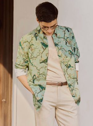Green Flock Cotton Linen Print Shirt