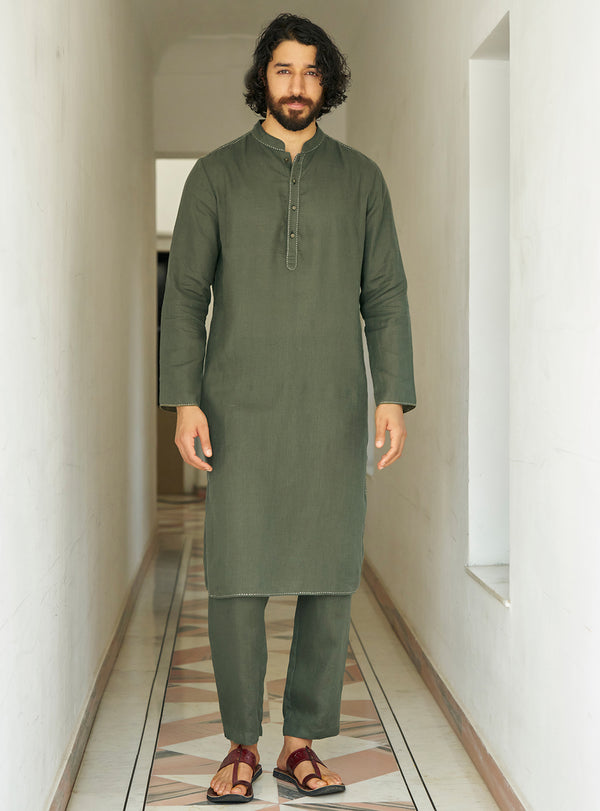 Nivaar Olive Linen Kurta
