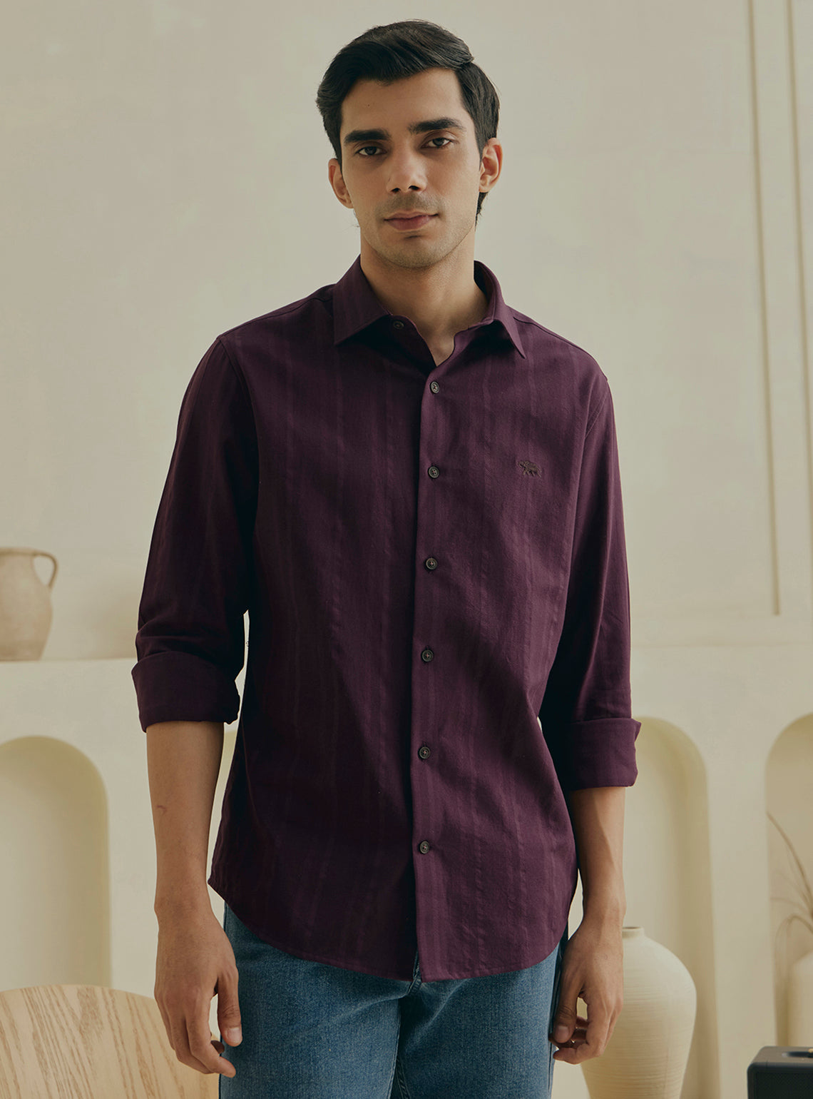 Berry Burgundy Cotton Dobby Shirt