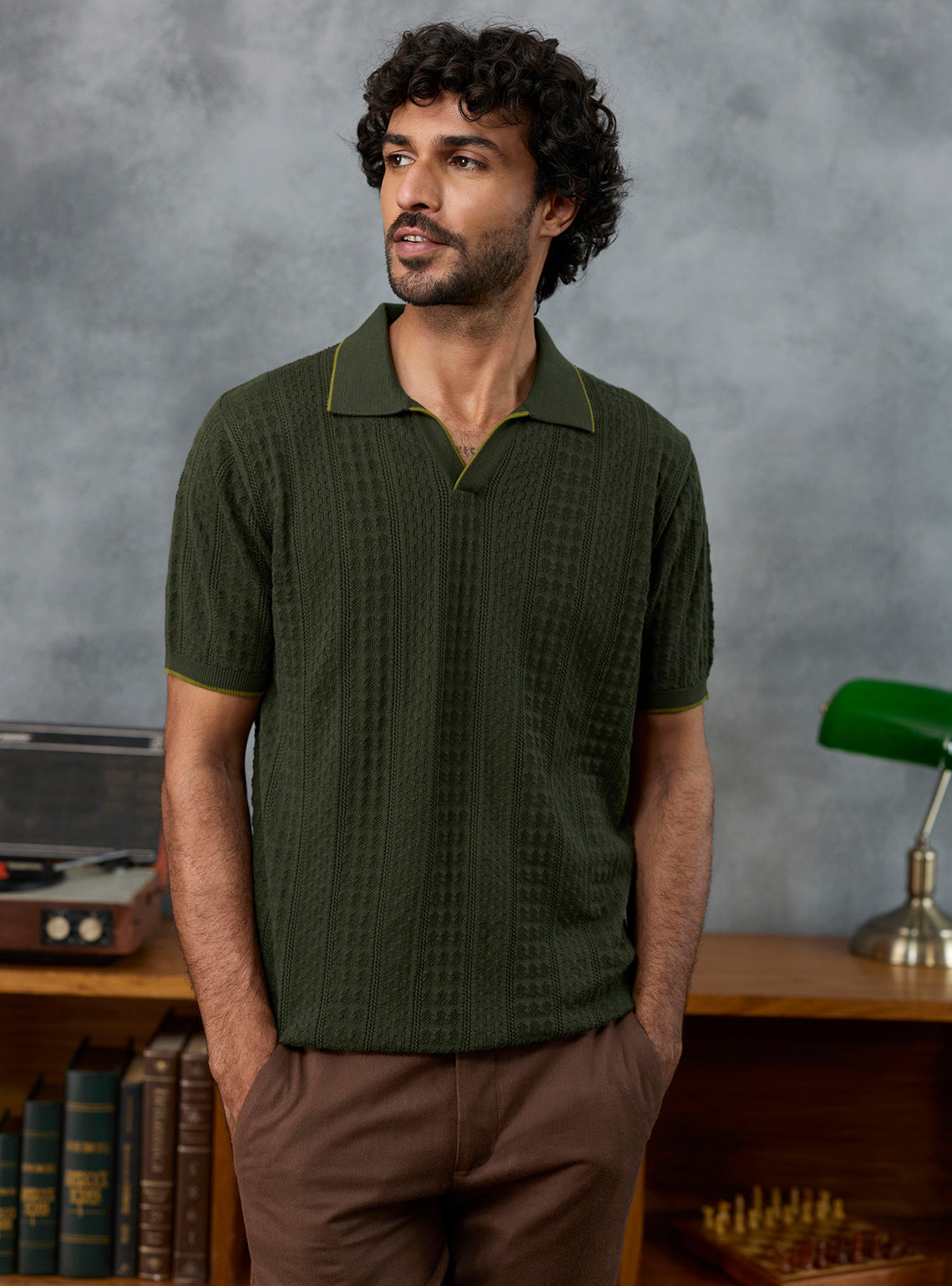 Gambit Olive Textured Cotton Polo