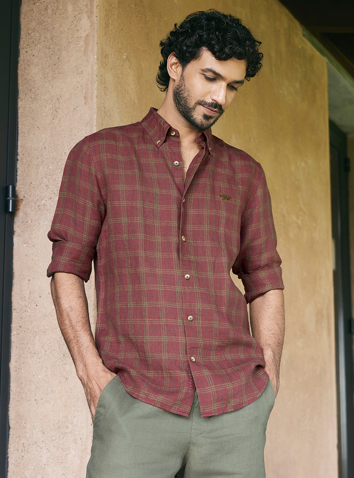 Plum Burgundy Check Linen Shirt