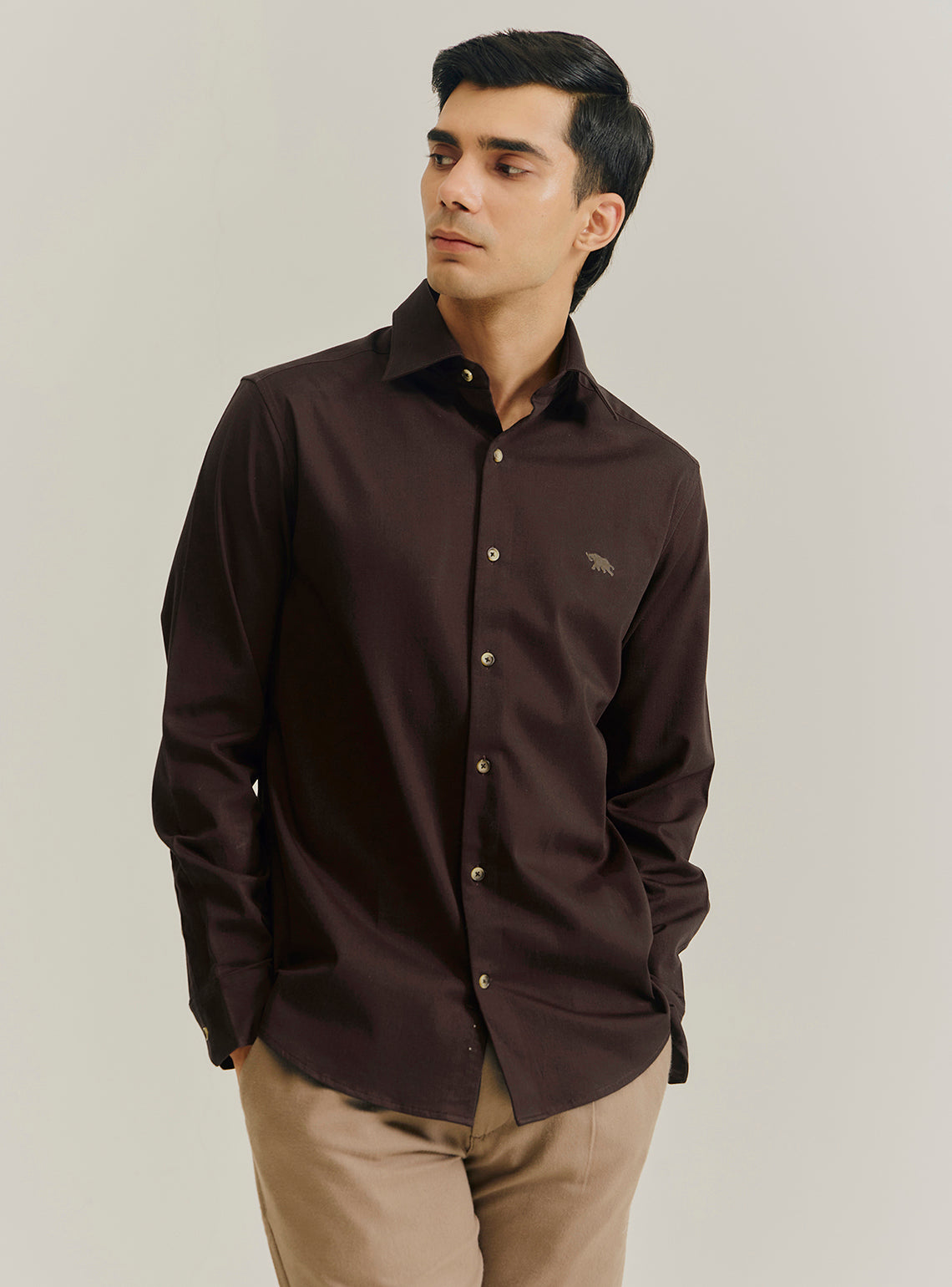 Chestnut Brown Cotton Stretch Dobby Shirt