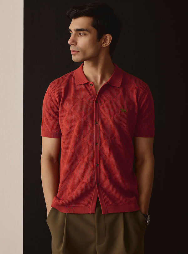 Terracotta Rust Jacquard Knit Shirt