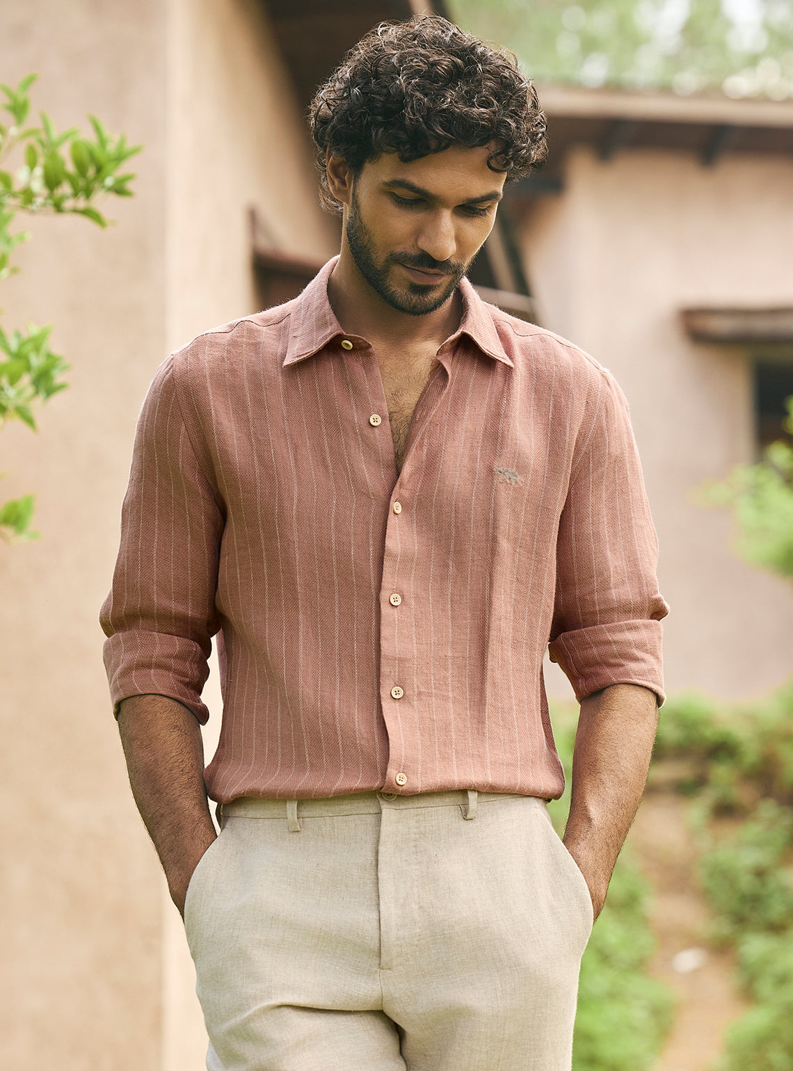 Burlap Brown European Linen Stripe Shirt