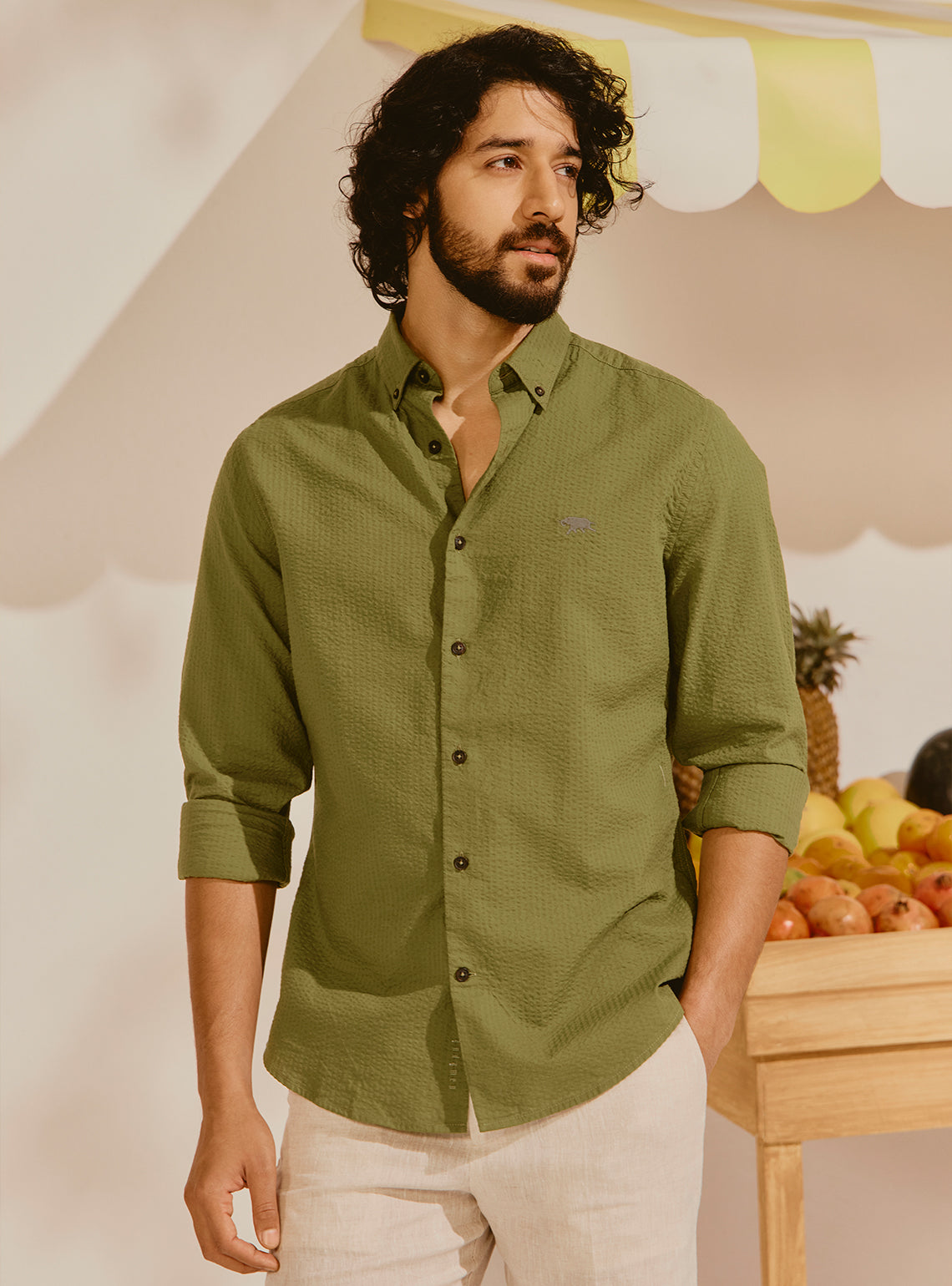 Cefalu Olive Seersucker Shirt