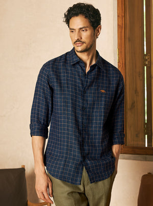 Harbor Navy European Linen Check Shirt