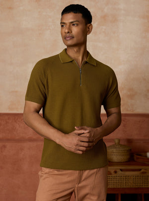 Woodland Olive Cotton Blend Pointelle Polo