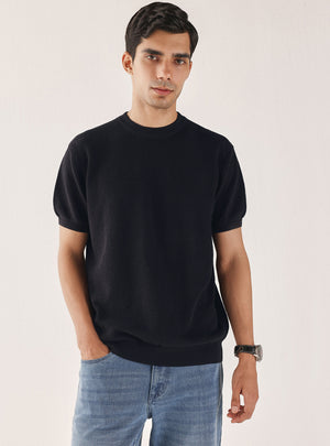 Jet Black Cotton Textured Crew