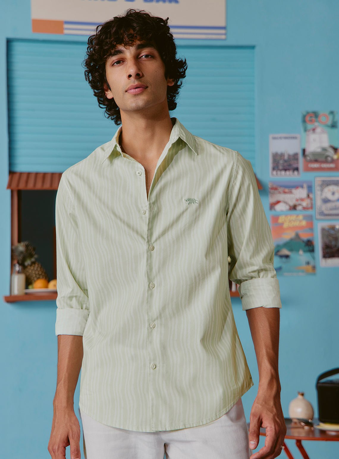 Southside Green Cotton Tencel Print Shirt